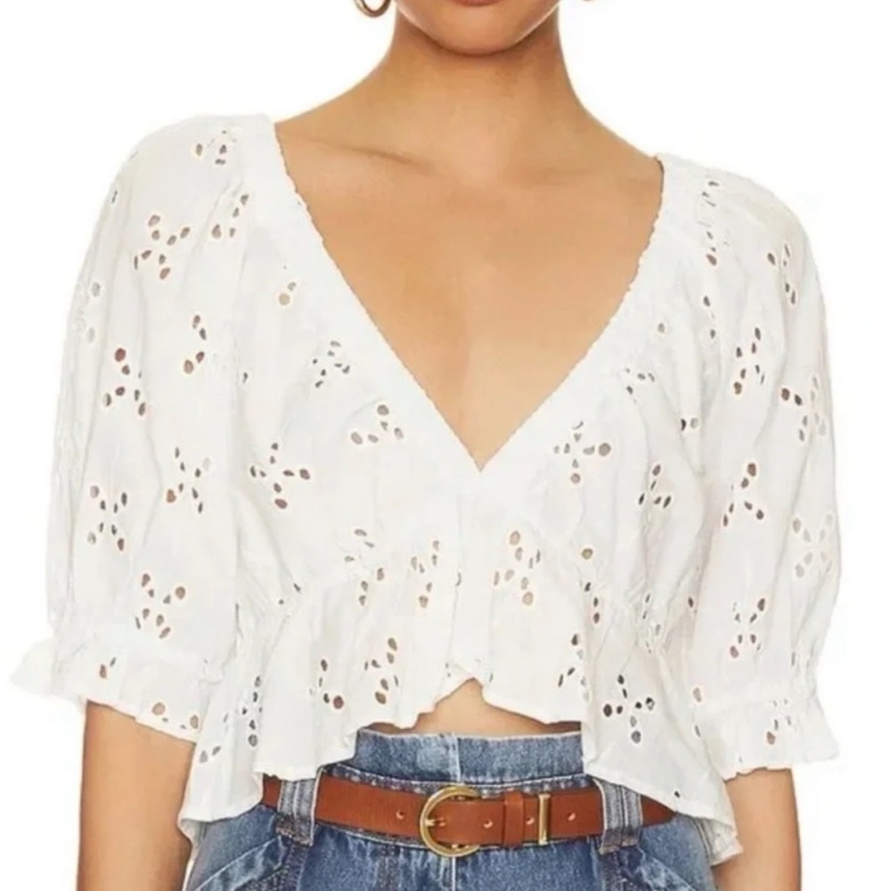 Free People White Eyelet V-Neck Crop Top